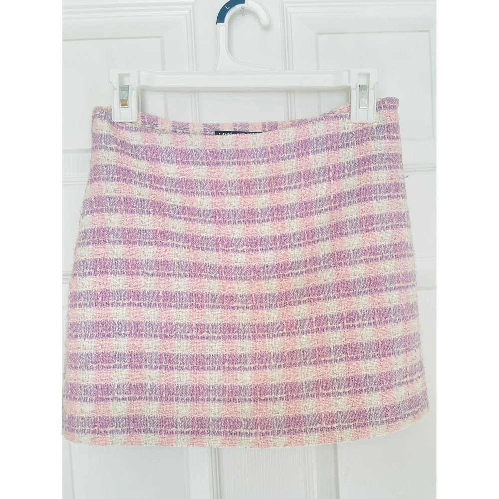 Zara Pink Purple Plaid Tweed Mini Skirt Boucle A-Line Size Small